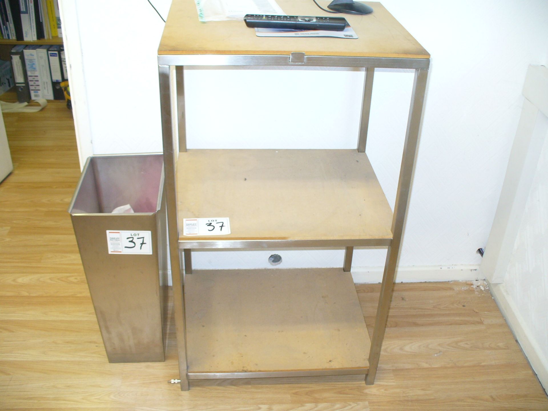 Stainless steel BIN and stainless steel 3 tier SHELVING UNIT with MDF shelves