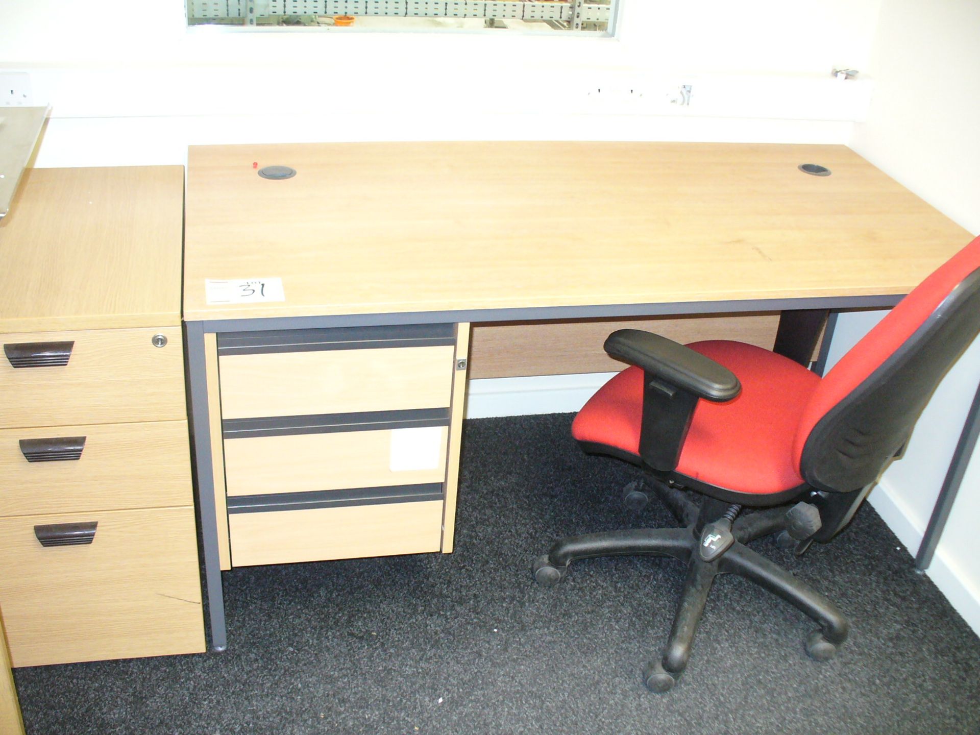 Light oak effect single pedestal DESK, matching 3 drawer PEDESTAAL and red upholstered SWIVEL