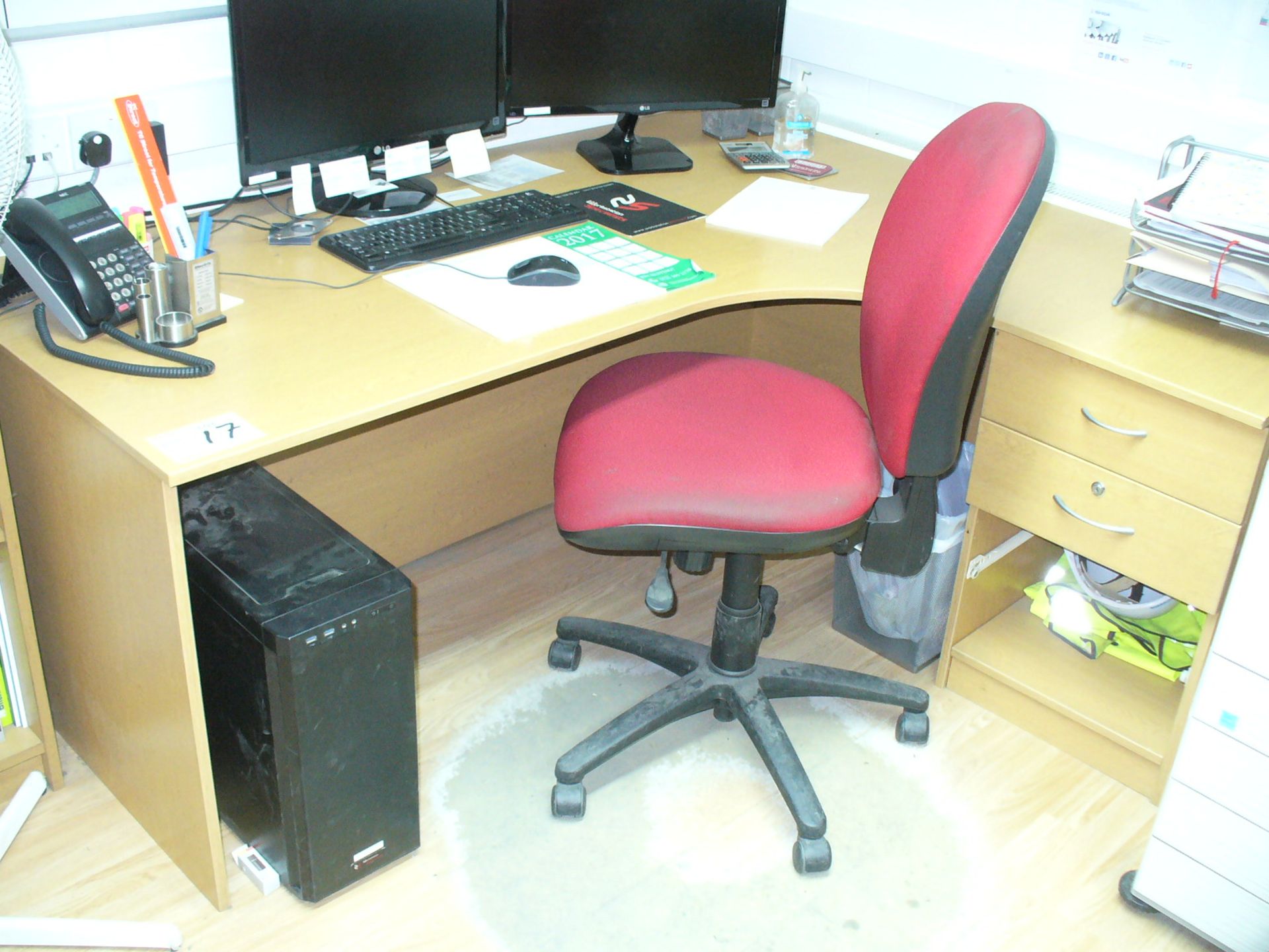 Oak effect CORNER WORKSTATION with single PEDESTAL and red upholstered SWIVEL ARMCHAIR