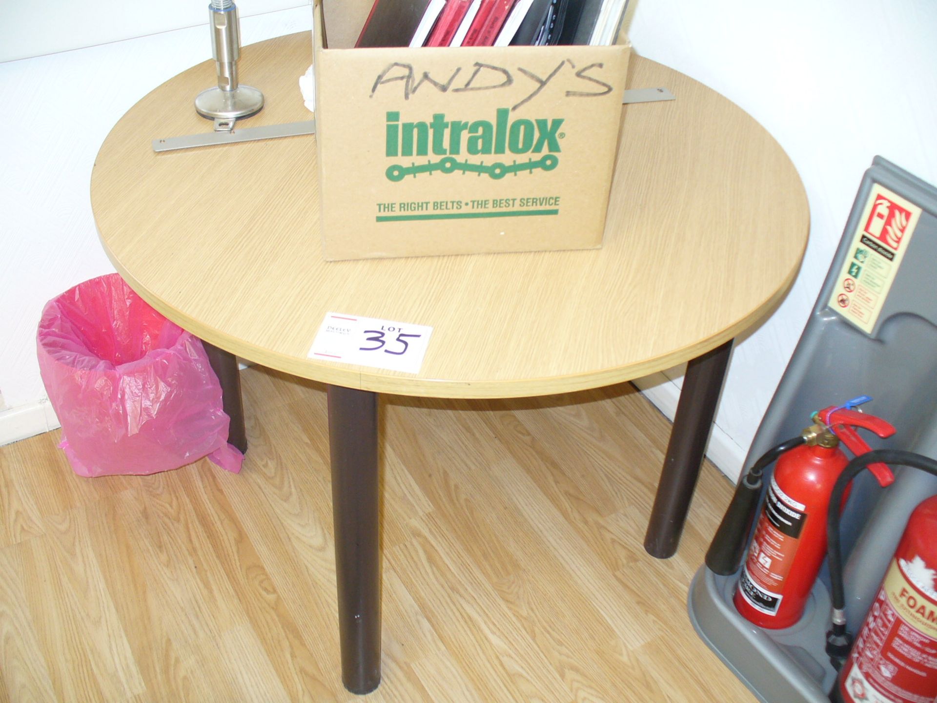 3' oak effect CIRCULAR TABLE, matching 2 x 3 drawer PEDESTALS, cantilever WORKSTATION and red fabric