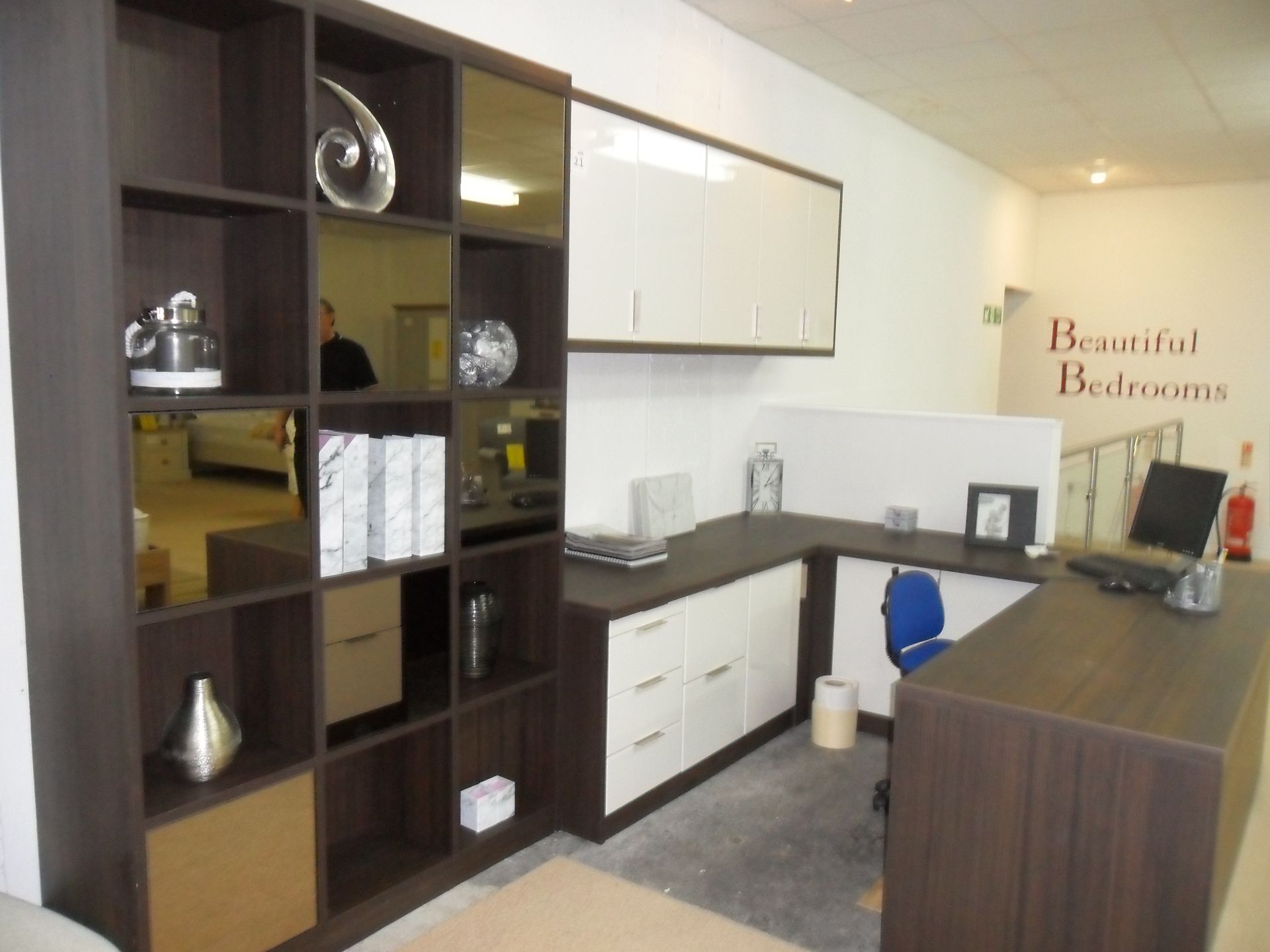 Large CORNER OFFICE SUITE wither overhead storage cabinets, mirrored storage, shelves, fitted - Image 2 of 2