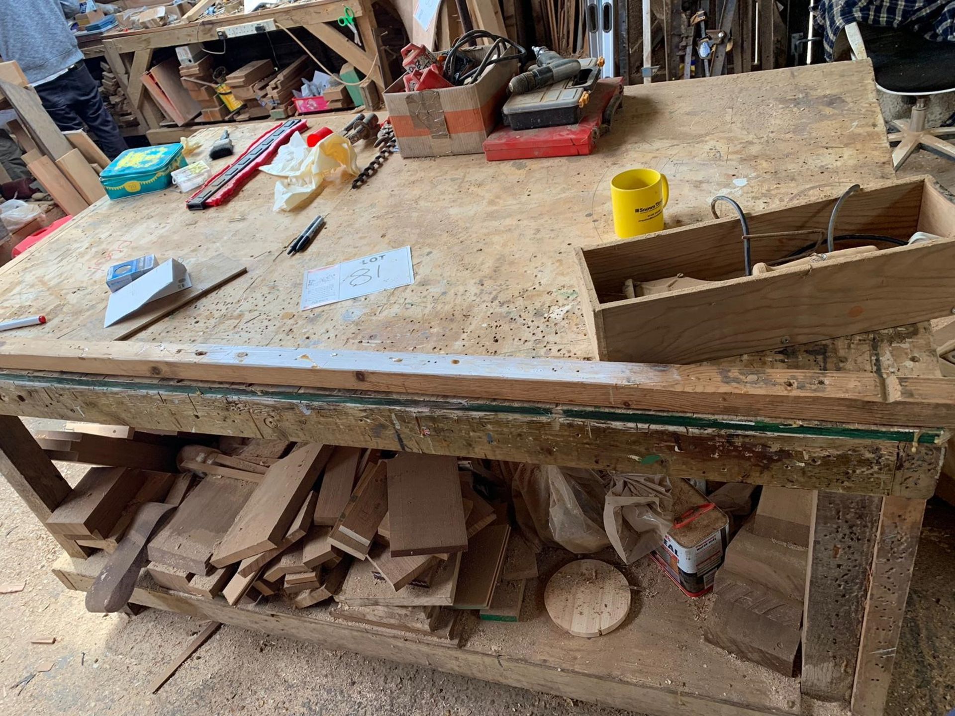 6'6" x 4' timber WORKBENCH and miscellaneous CONTENTS