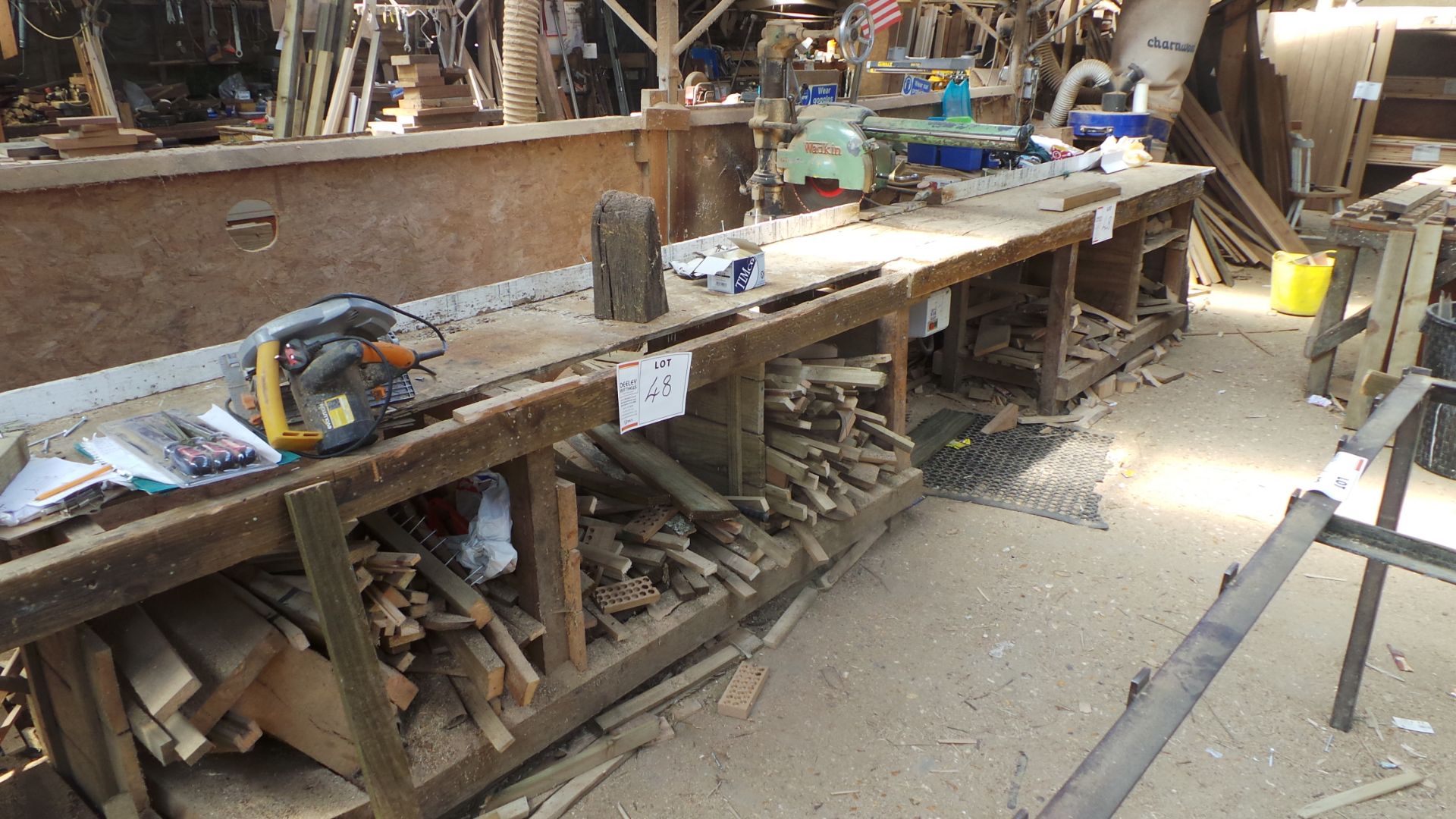 Approx 6.5m timber WORKBENCH & CONTENTS, TIMBER OFFCUTS, etc.