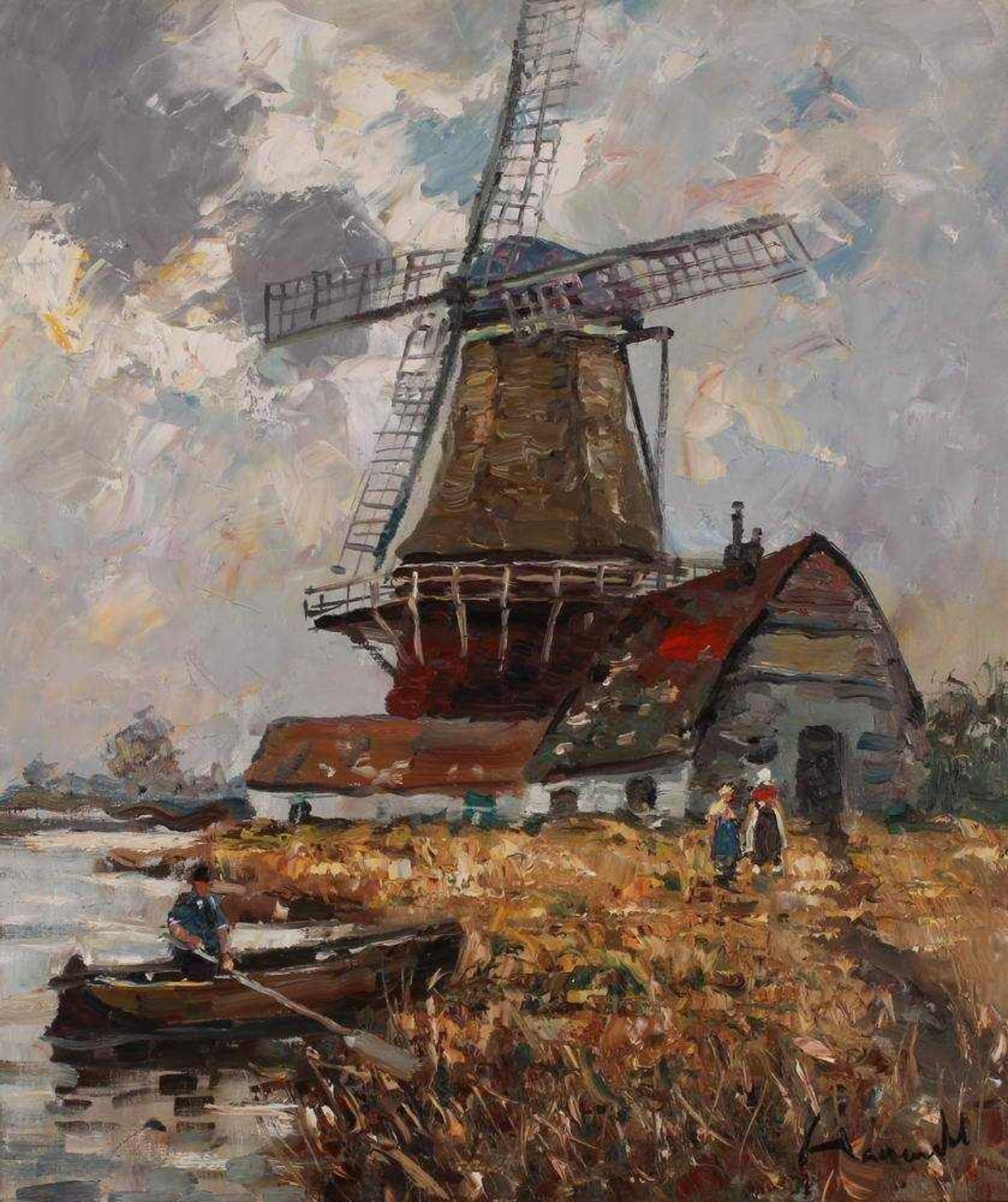 Haerendel, Heinrich (Harry). 1896 - Hamburg -1991. Holländischer Kanal mit Windmühle. Öl/ Lw.