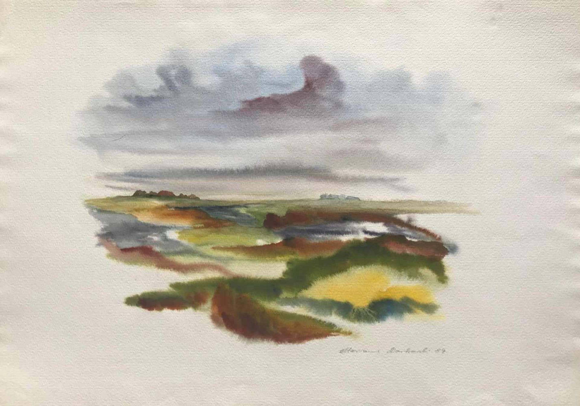 Dzikowski, Marianne. Bremer Malerin, 20. Jhrd. Auf der Hallig. Aquarell. 1987. Signiert u. dat. u.