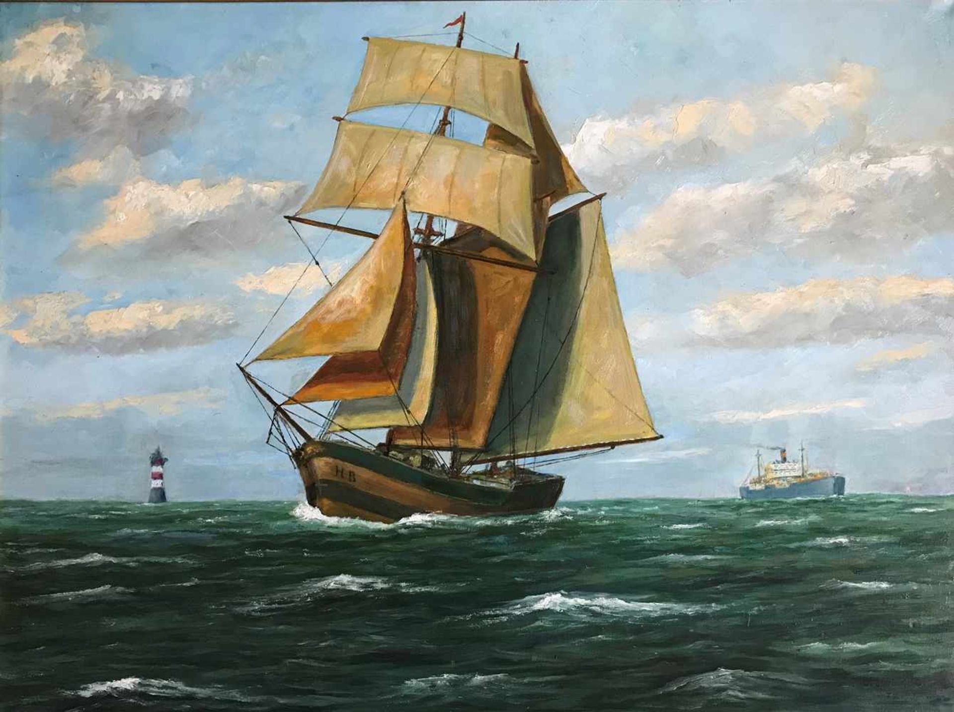 Clausing, Claus. Bremer Maler, 20. Jh. Segelschiff und Dampfer vor dem Leuchtturm Roter Sand/