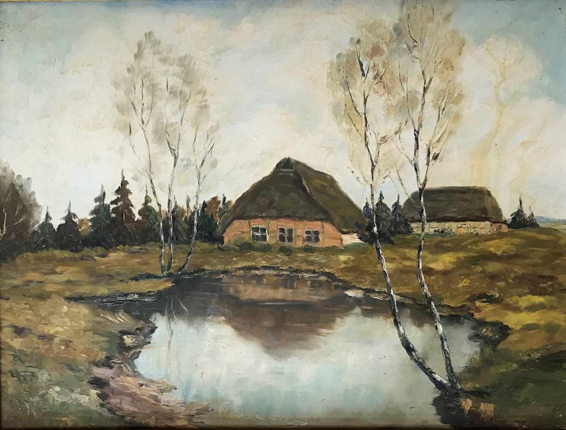 Szerbakow, Fedor. 1911 Eckertsdorf - 2009 Seebergen. Katen im Moor. 1930er Jahre. Öl/ Hartfaser,