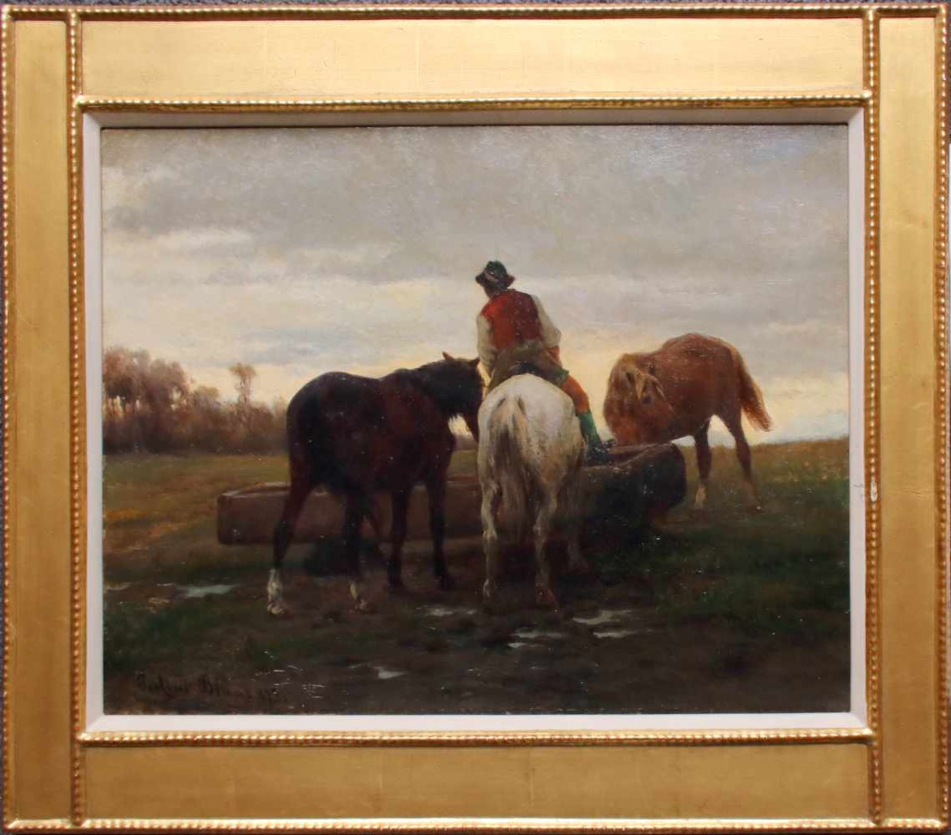 Julius von Blaas (1845 - 1922) Pferde an der Tränke 1875 Öl auf Holz Signiert und datiert 32 x 41