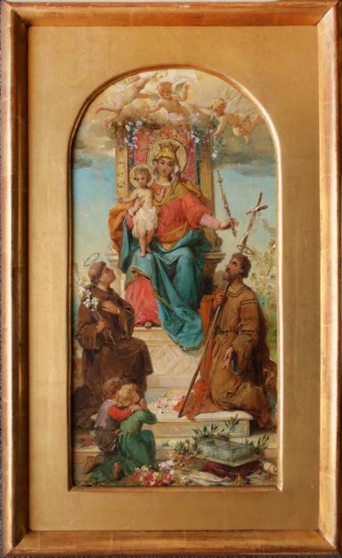Hans Zatzka (1859 - 1945) Madonna mit Jesus 1888 Öl auf Holz Signiert und datiert 46 x 24 cm
