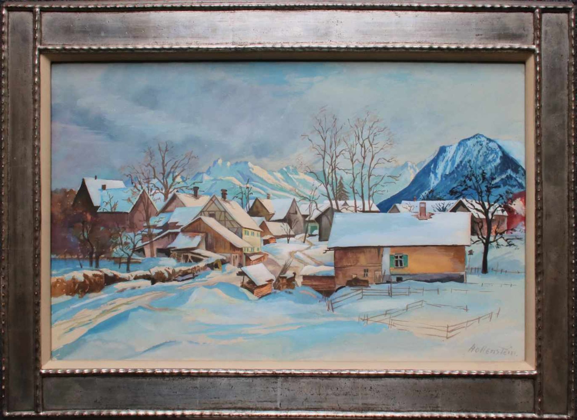 Stephanie Hollenstein (1886 - 1944) Verschneites Dorf Gouache auf Papier Signiert 31 x 48 cm