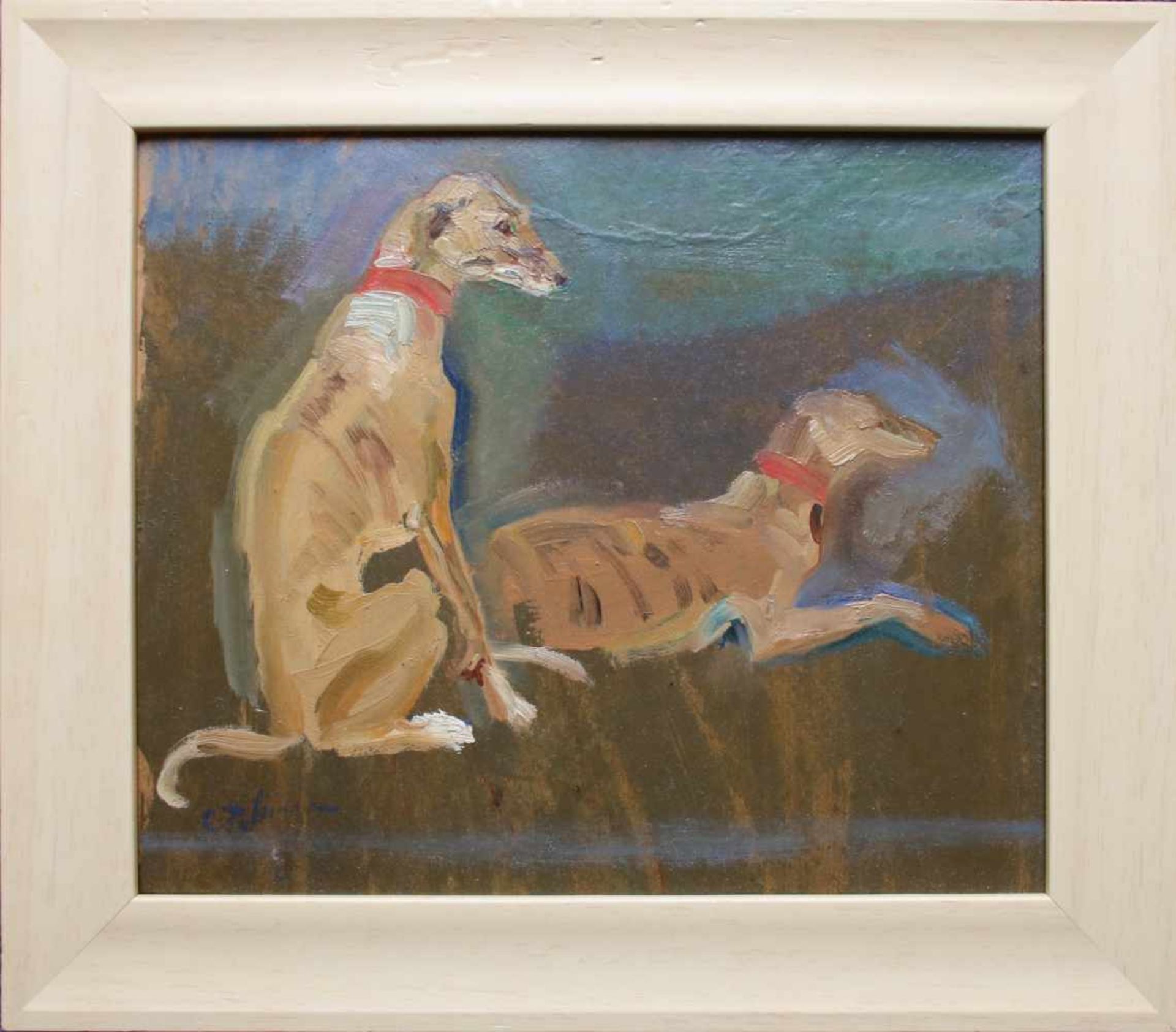 Carl Fahringer (1874 - 1952) Windhunde Öl auf Karton Signiert 23 x 27 cm