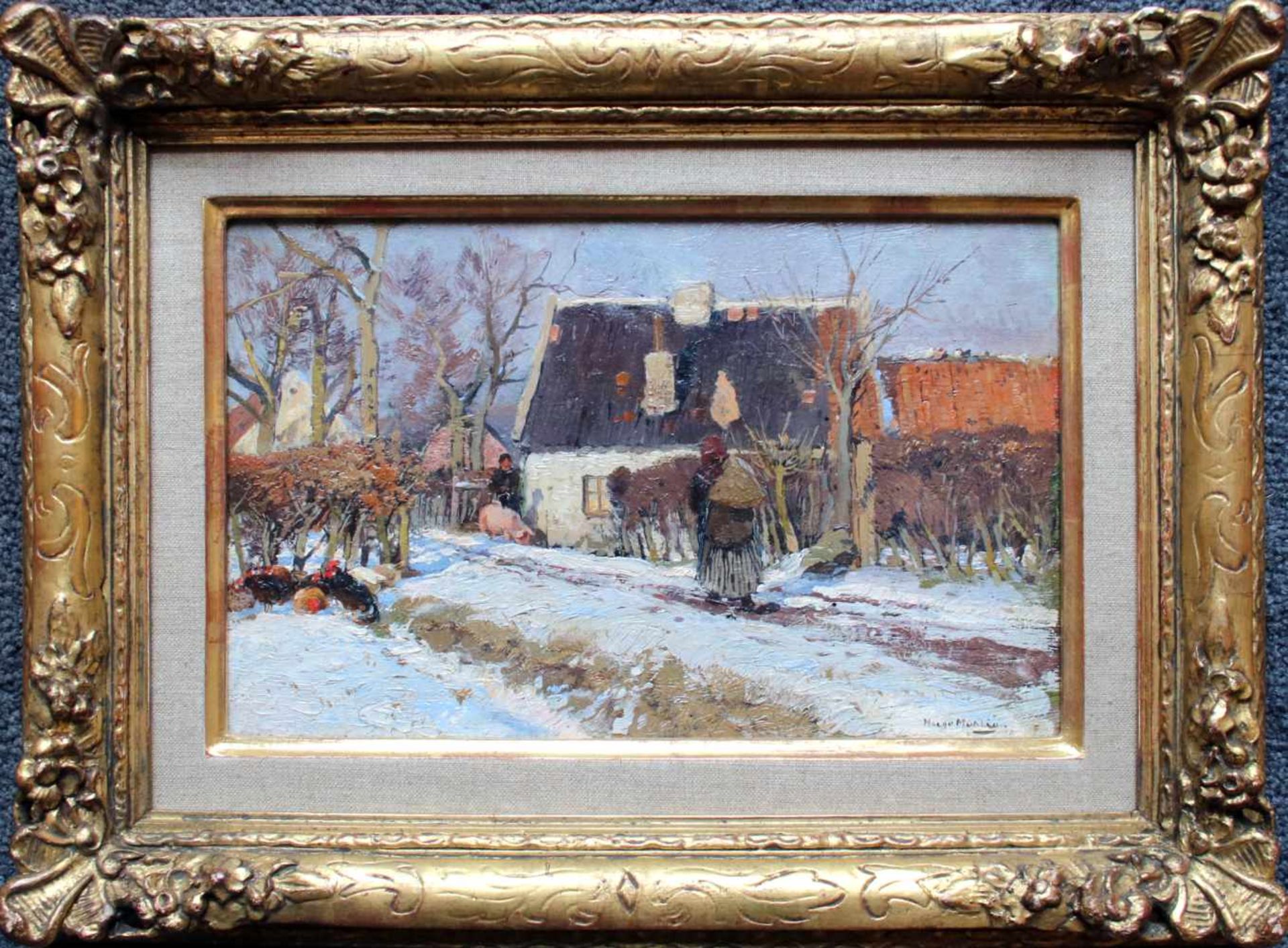 Hugo Mühlig (1854 - 1929) Bauernhof im Winter Öl auf Karton Signiert 18 x 28 cm