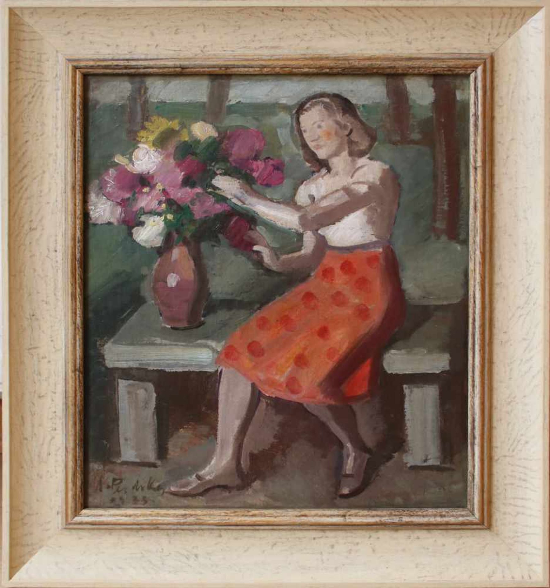 Anton Emanuel Peschka (1885 - 1940) Sitzende Frau mit Blumen 1933 Öl auf Leinwand Signiert und