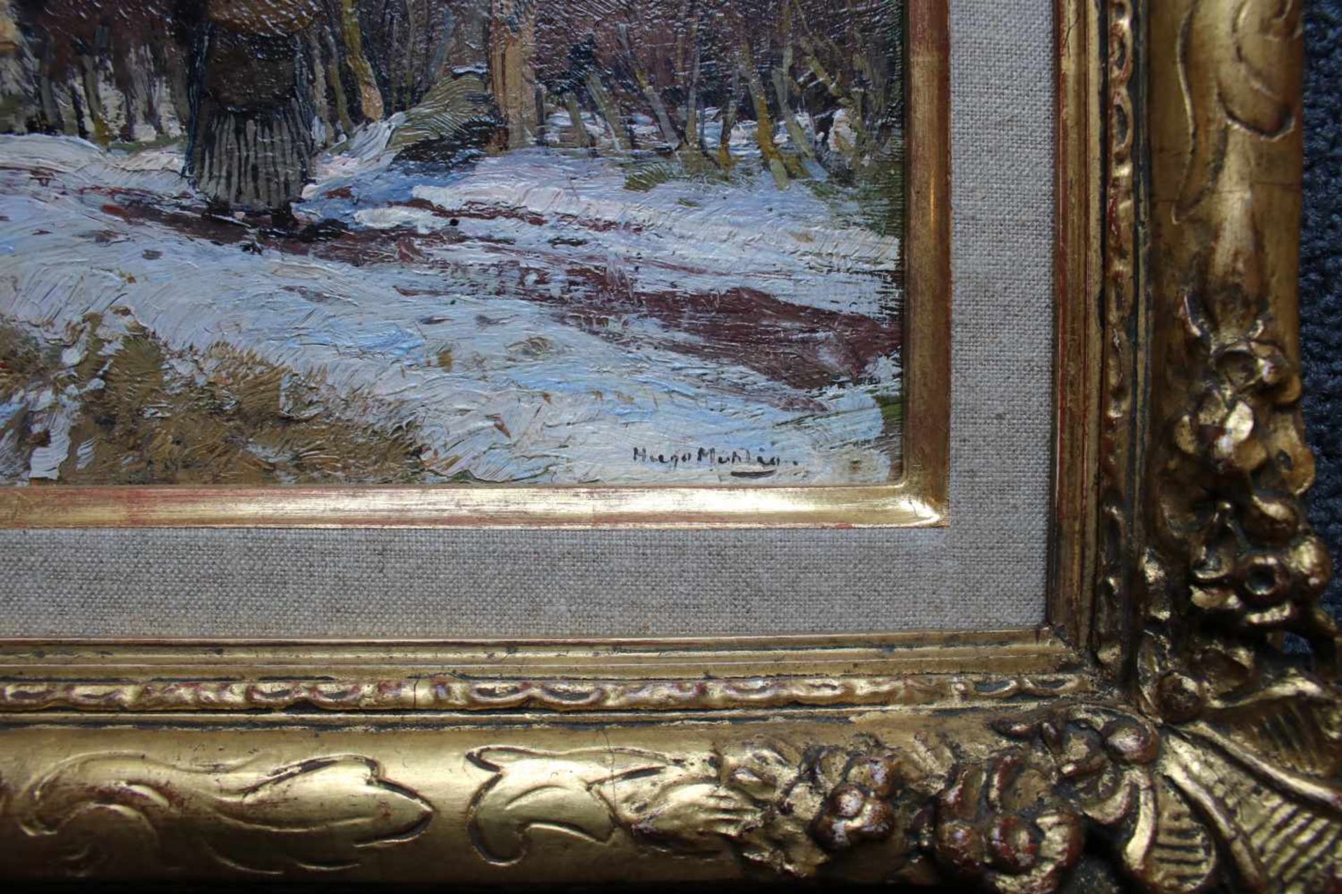 Hugo Mühlig (1854 - 1929) Bauernhof im Winter Öl auf Karton Signiert 18 x 28 cm - Bild 2 aus 2