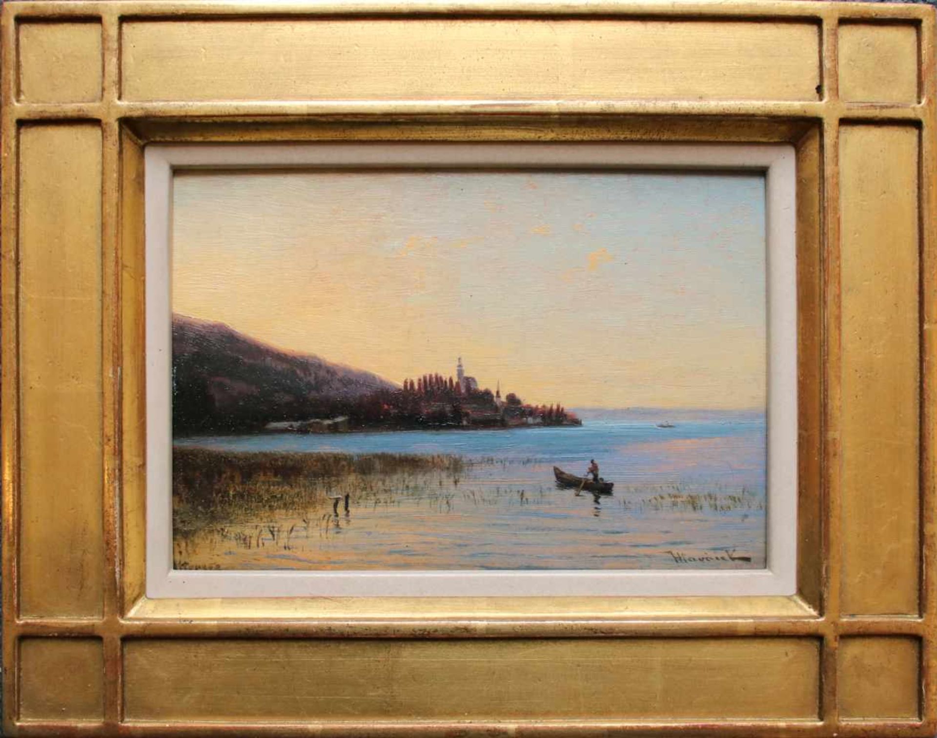 Vincenz Havlicek (1864 - 1914) Attersee Öl auf Holz Signiert und betitelt 12,5 x 18,5 cm