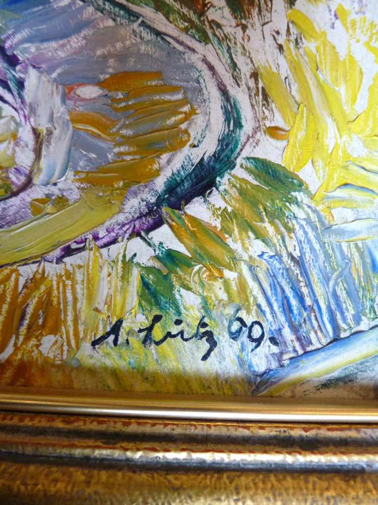 Anton Lutz (1894 - 1992) Sonnenblumen 1969 Öl auf Platte signiert und datiert 57 x 42 cm - Bild 2 aus 2
