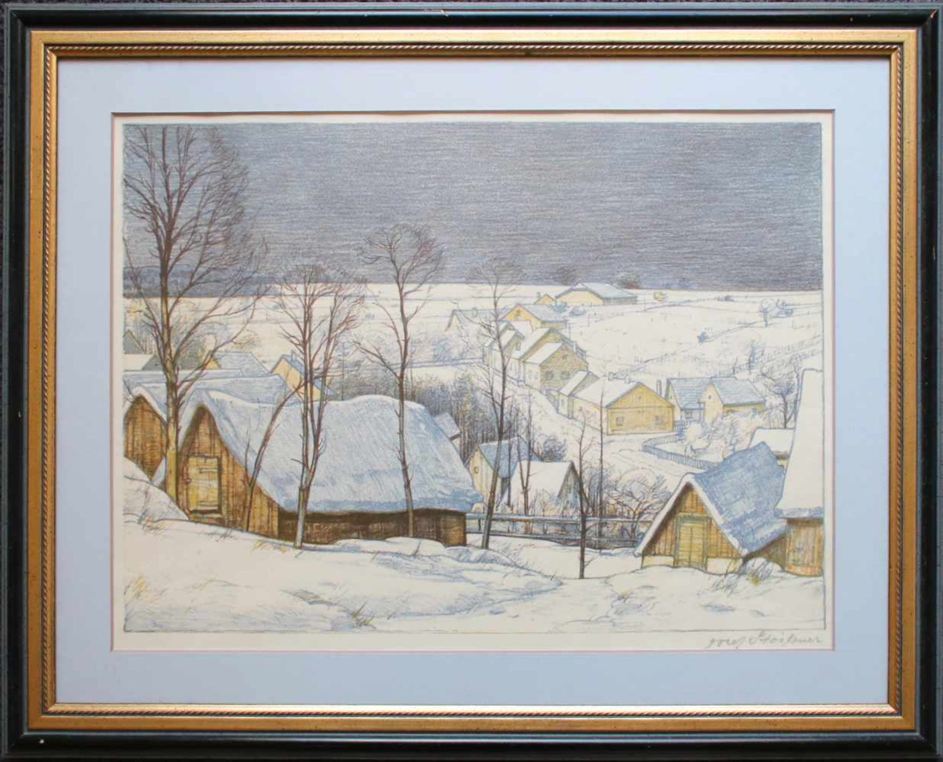 Josef Stoitzner (1884 - 1951) Winterliches Dorf Farblithographie Signiert 28,5 x 38 cm