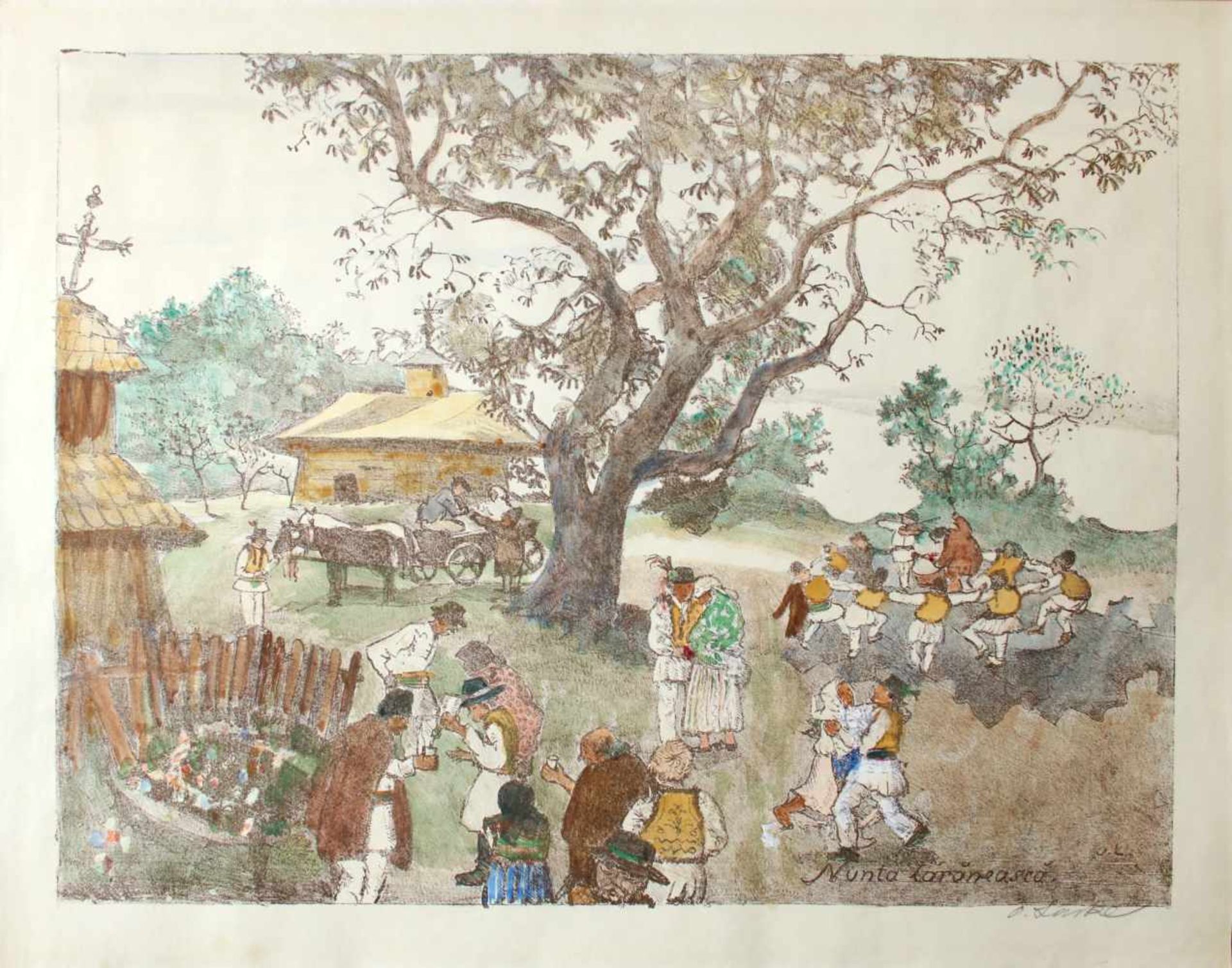 Oskar Laske (1874 - 1951) Nunta Taraneasca (Bauernhochzeit) Farblithographie, aquarelliert