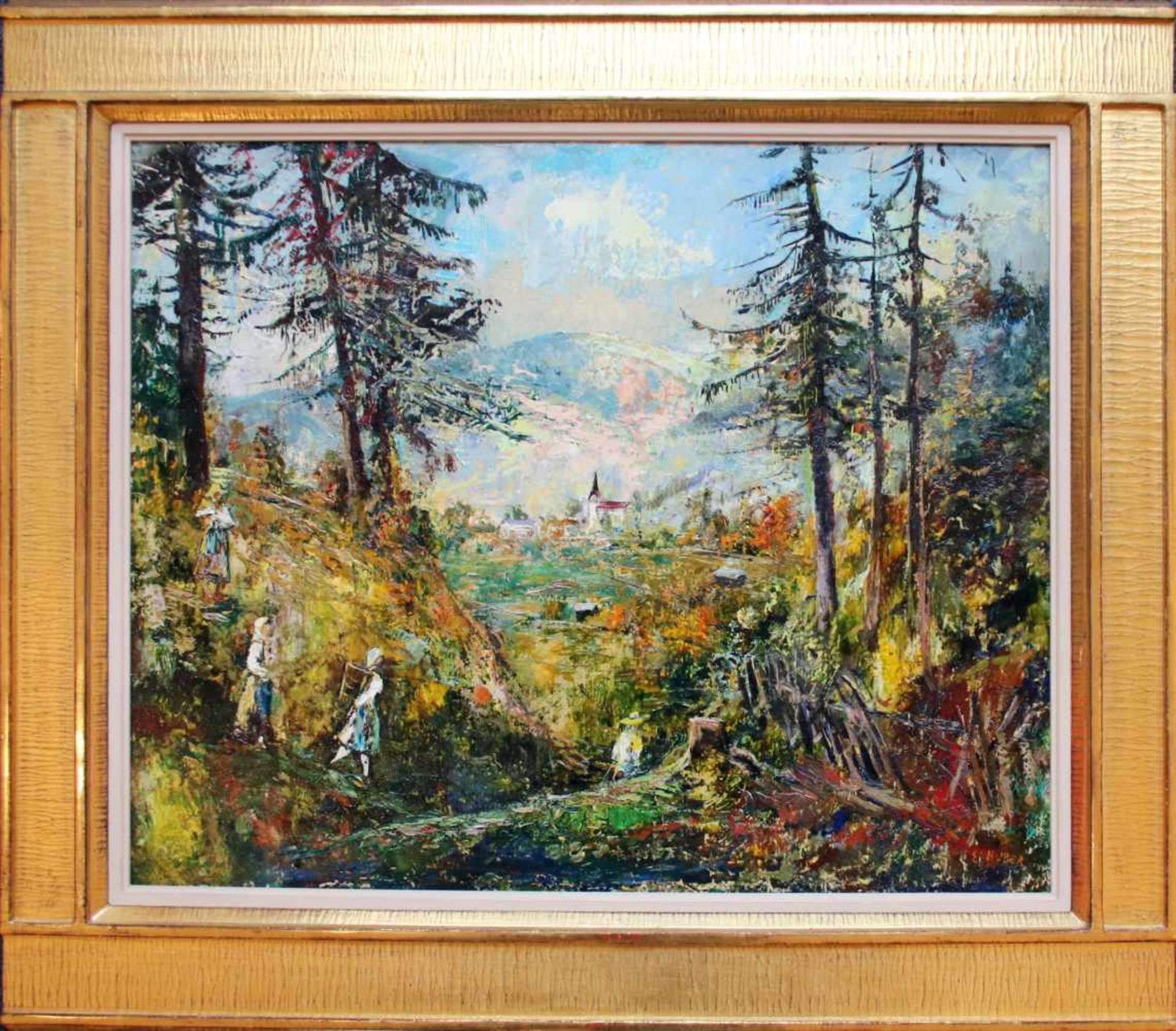 Ernst Huber (1895 - 1960) Erntedankfest bei Zinkenbach 1947 Öl auf Karton 45 x 55 cm