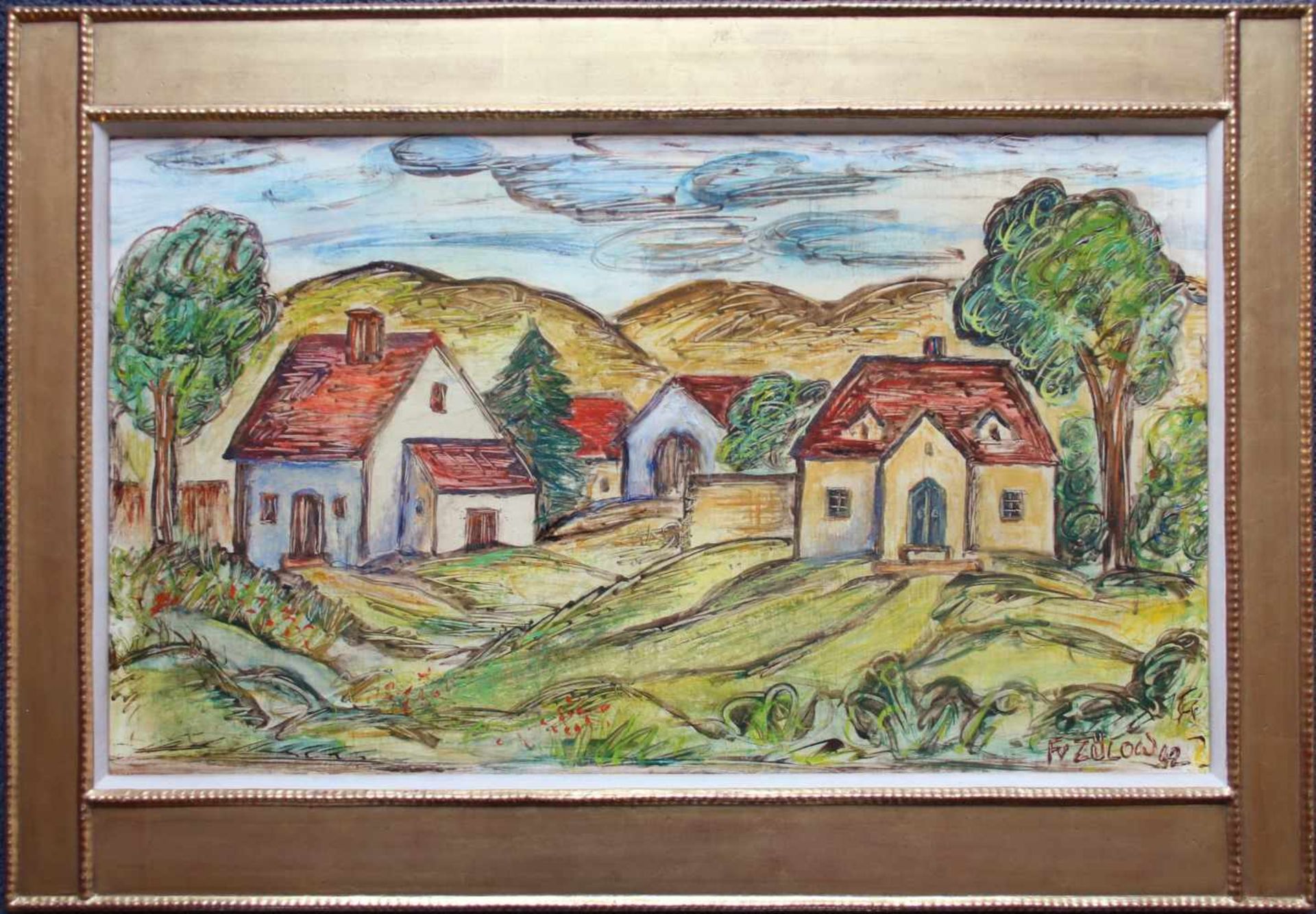 Franz von Zülow (1883 - 1963) Dorf 1942 Öl auf Holz Signiert und datiert 33 x 55 cm