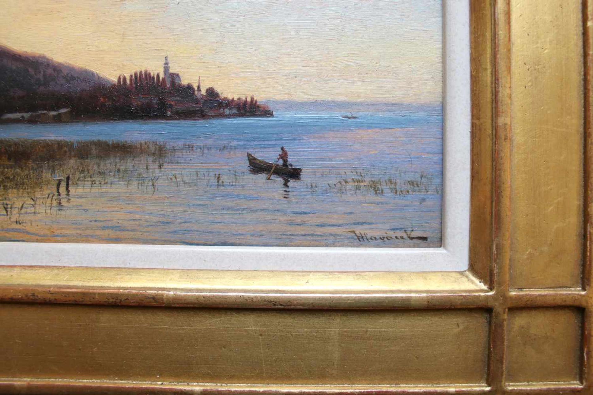 Vincenz Havlicek (1864 - 1914) Attersee Öl auf Holz Signiert und betitelt 12,5 x 18,5 cm - Bild 2 aus 3