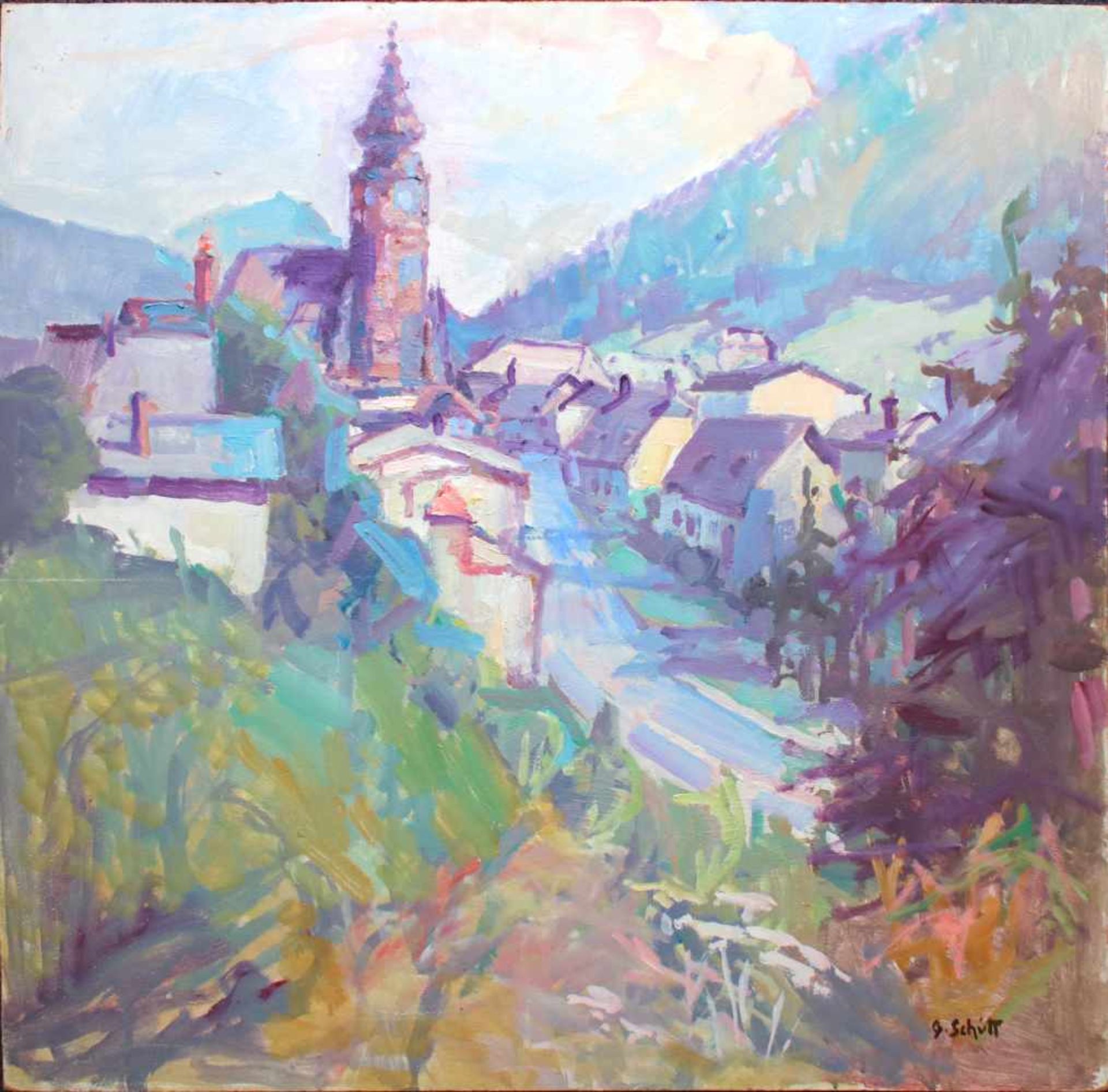 Gustav Schütt (1890 - 1968) Dorfkirche Öl auf Platte Signiert 60 x 60 cm