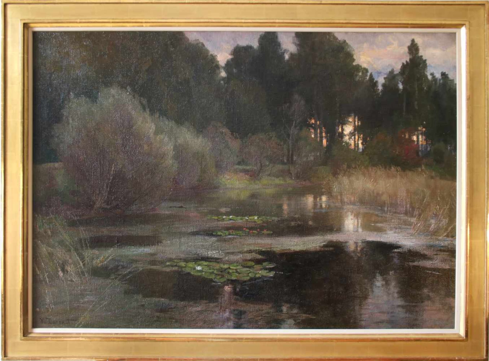 Hugo Darnaut(1851 - 1937)"Seerosen"Öl auf Leinwand auf PlatteSigniert, gerahmt70 x 100 cm- - -22. - Bild 2 aus 3