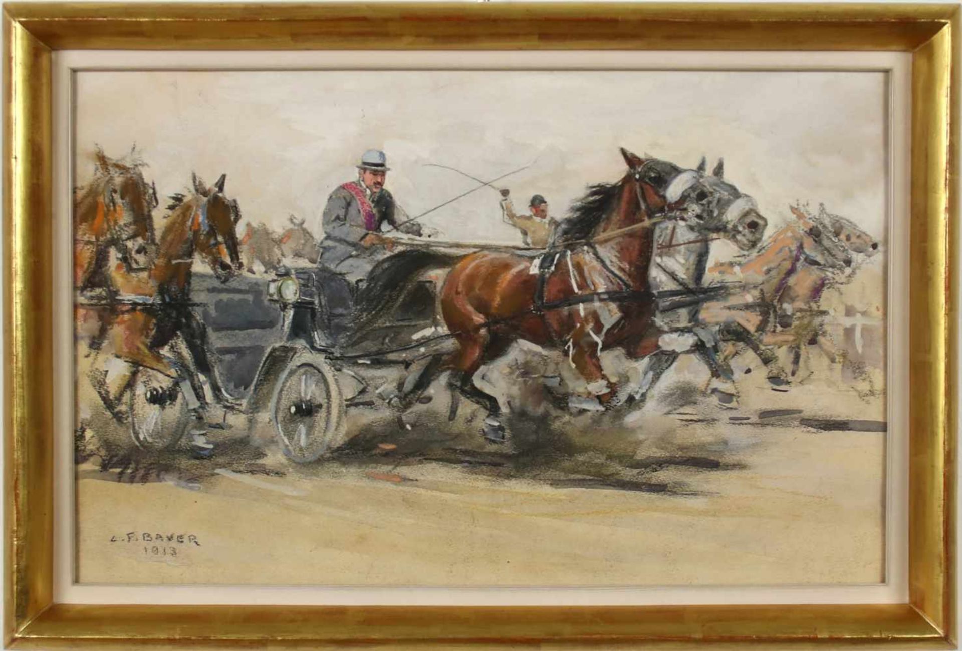 Carl Franz Bauer(1879 - 1954)"Pferdekutschenrennen"1913Mischtechnik auf PapierSigniert und - Bild 2 aus 3