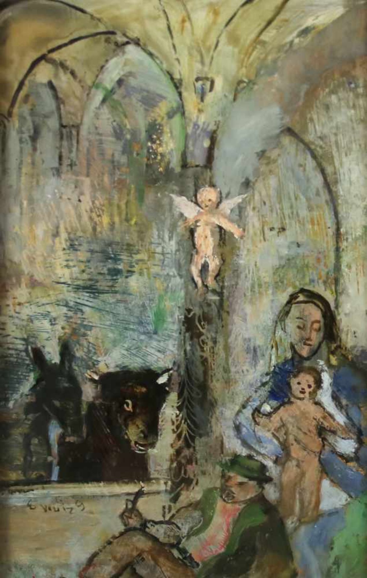 Erich Wulz(1906 - 1984)"Maria mit Jesuskind"HinterglasmalereiSigniert, gerahmt30 x 20 cm- - -22.00 %
