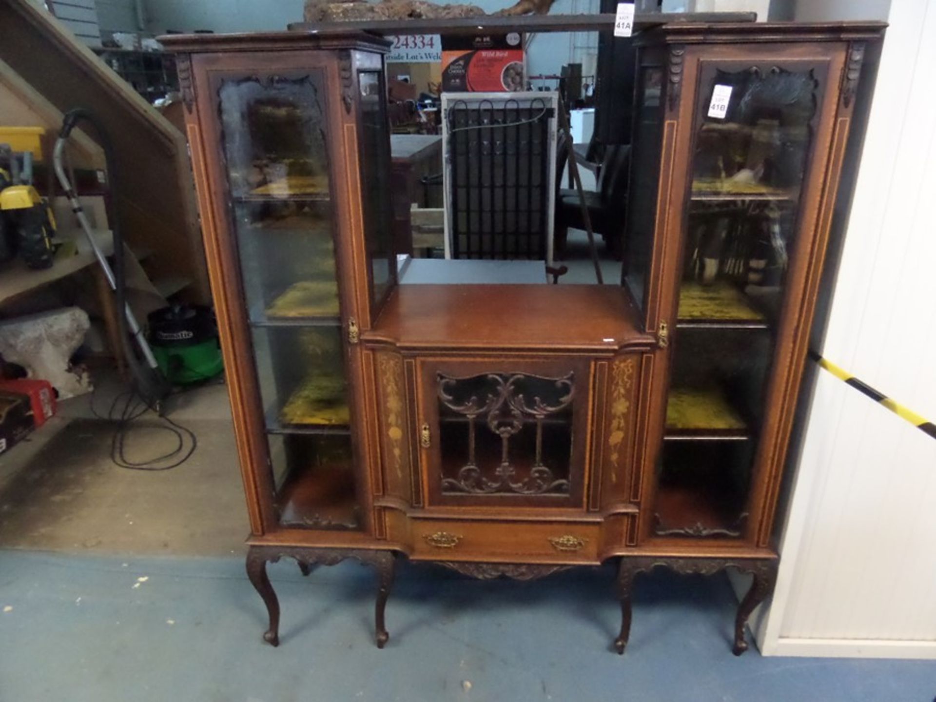 INLAID MAHOGANY CABINET ( ONE LEG IN NEED OF REPAIR )