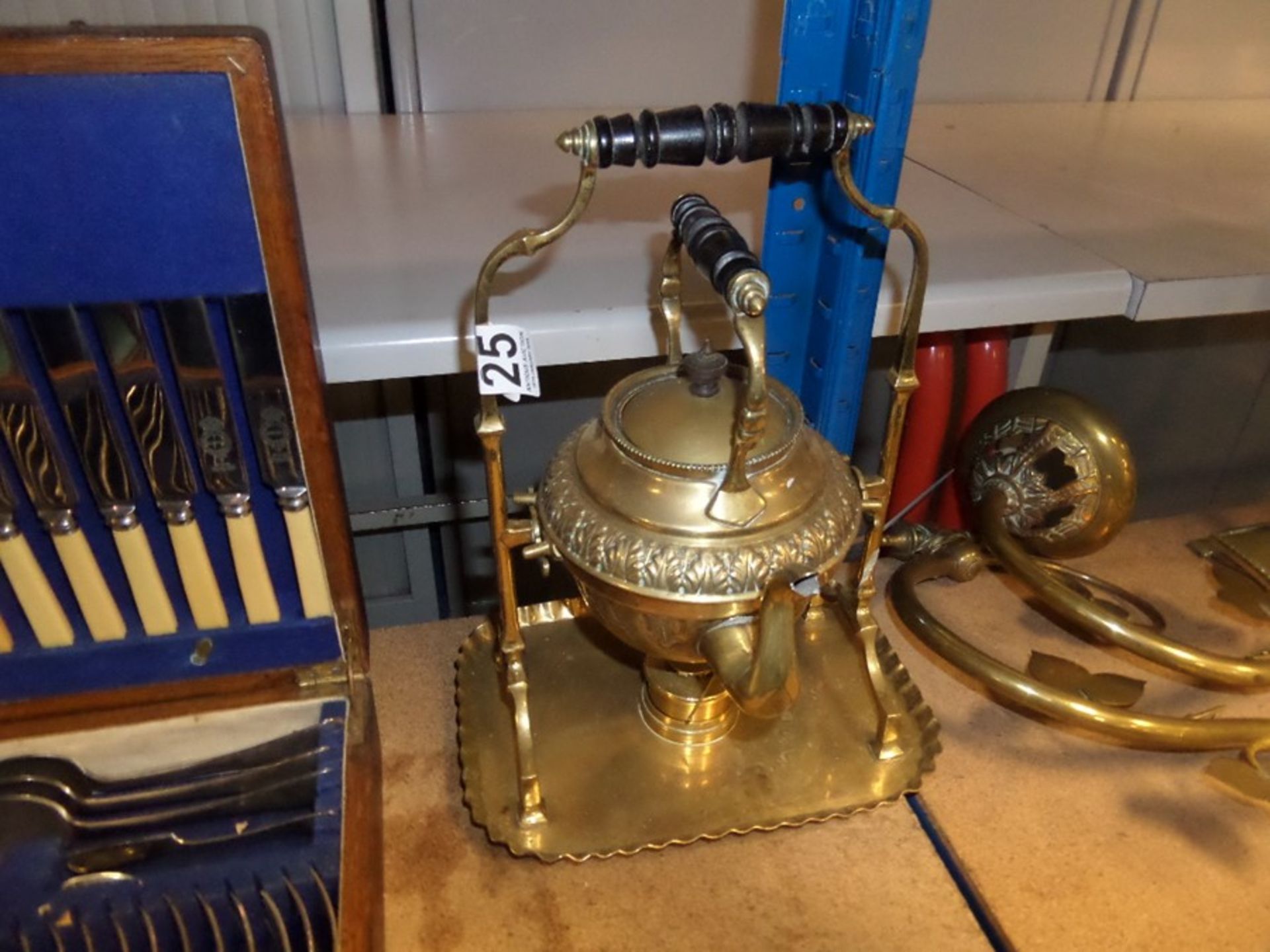 BRASS TEA POT ON HEATER STAND