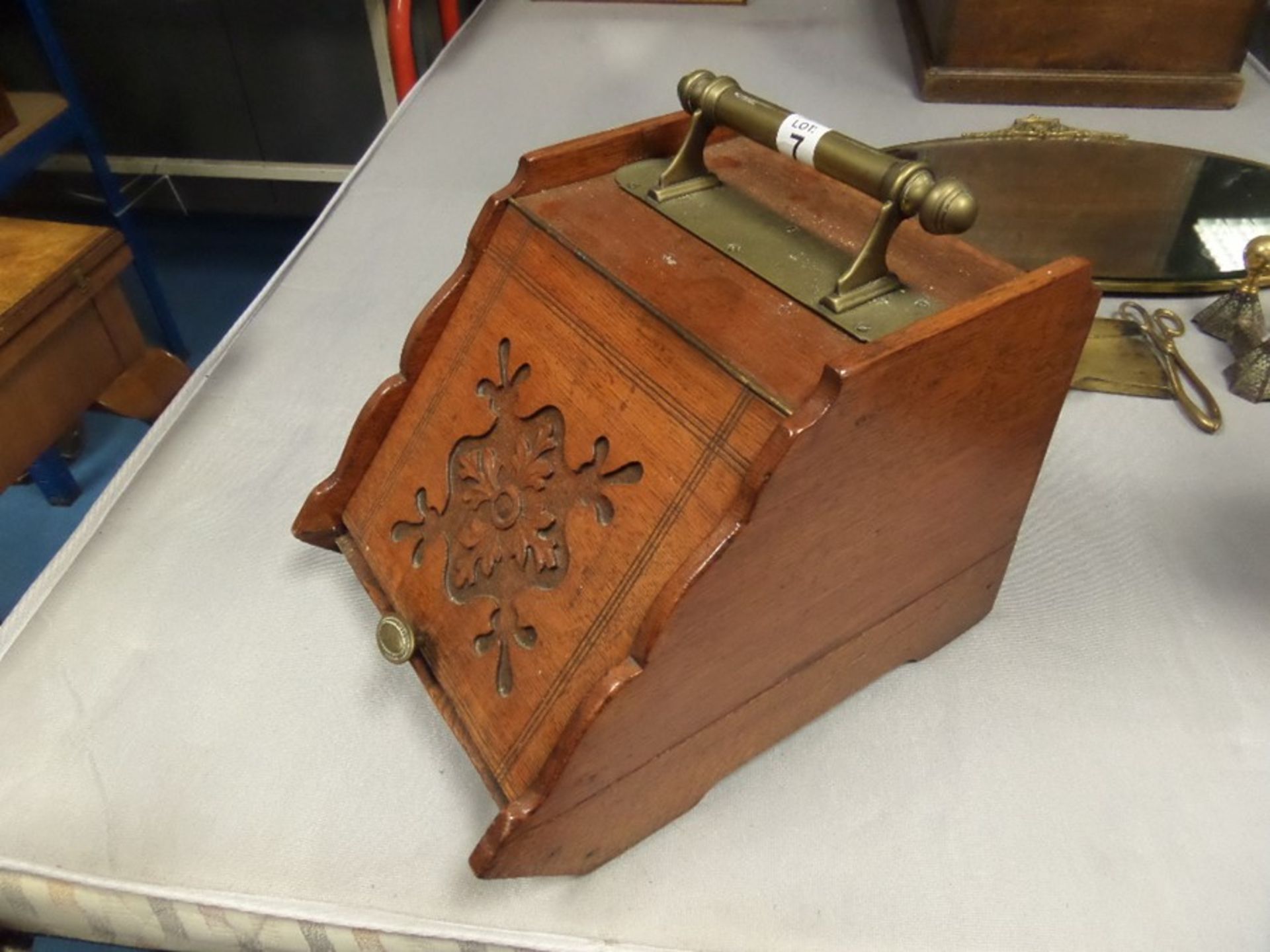 OLD WOODEN COAL SCUTTLE WITH BRASS HANDLE