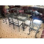METAL FRAMED GLASS TABLE WITH 6 CHAIRS, COFFEE TABLE & 3 SIDE TABLES
