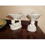 PAIR OF PORCELAIN MERMAID CHERUBS WITH SHELL DISH