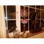 BRASS BASED ART NOUVEAU HANDPAINTED PINK OIL LAMP