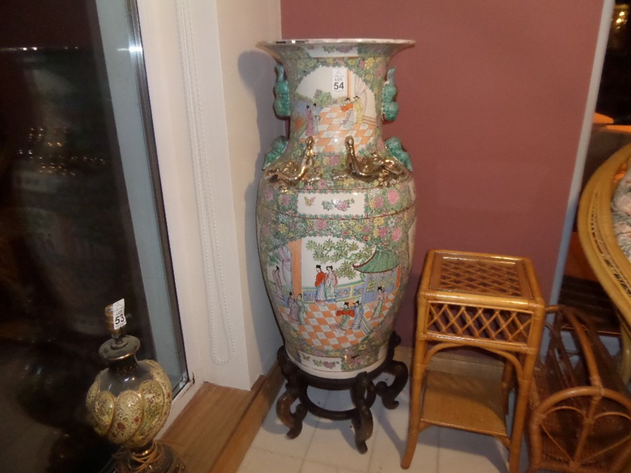 OVERSIZED CHINESE VASE ON WOODEN STAND