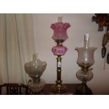 TALL BRASS BASED ART NOUVEAU HANDPAINTED PINK OIL LAMP