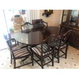 INLAID MAHOGANY EXTENDABLE DINING TABLE & 6 GEORGIAN SHIELD BACK CHAIRS