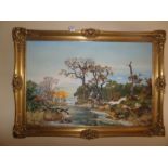 LARGE GILT FRAMED PAINTING ON CANVAS BY ELIZ. DORAN