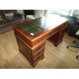 9 DRAWER MAHOGANY LEATHER TOPPED OFFICE DESK