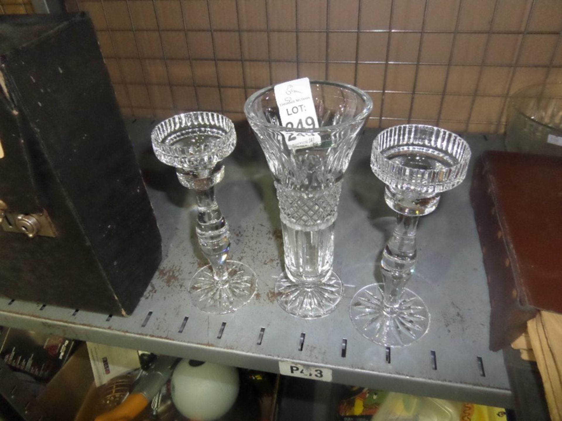 PAIR OF CUT GLASS CANDLESTICKS AND VASE