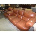 BROWN LEATHER 3 SEATER SETTEE AND MATCHING ARMCHAIR
