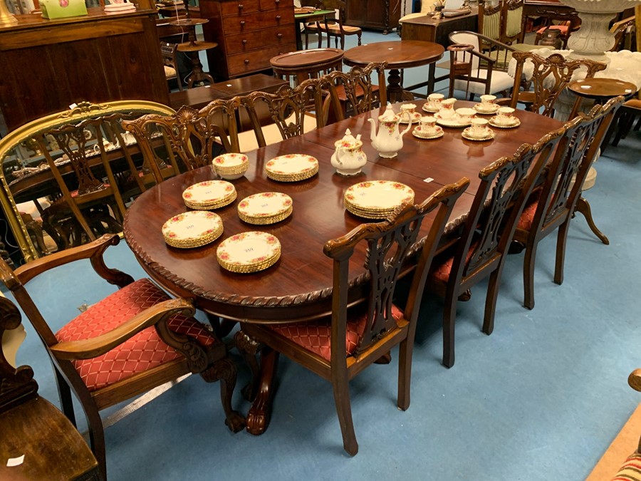 MAHOGANY DINING TABLE WITH SET OF 8 CHPPENDALE DINING CHAIRS