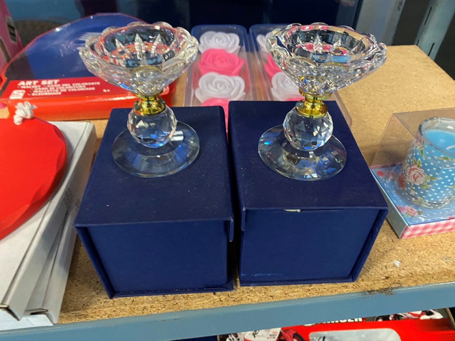 PAIR OF GLASS CANDLE HOLDERS (NEW AND SEALED)