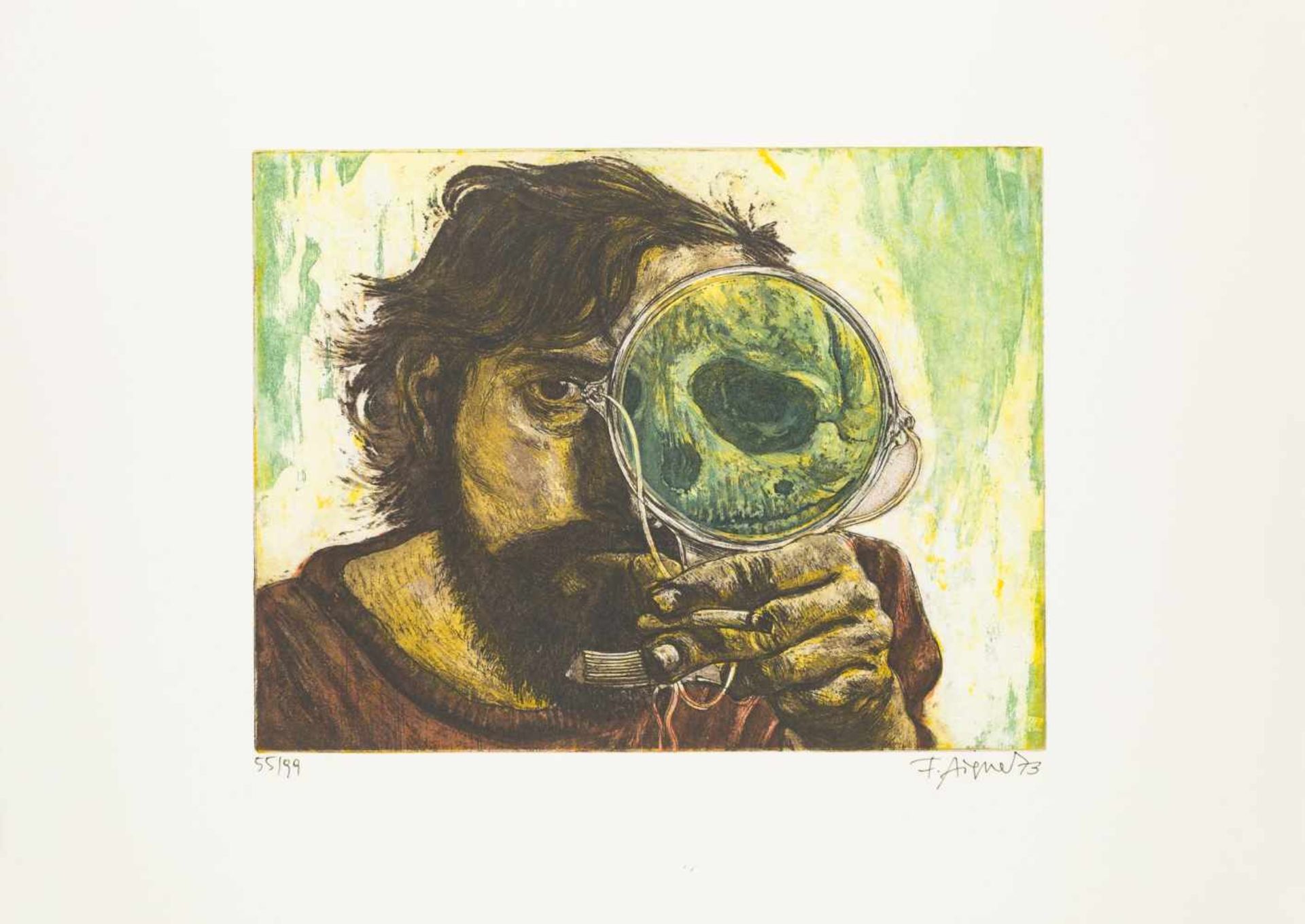 Aigner, FritzSelf portrait with magnifying glass, 1973Color aquatint etching on diverse copper - Bild 2 aus 4