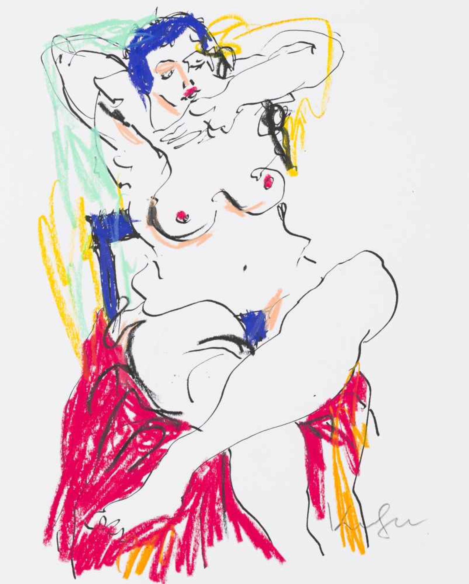 Kornberger, AlfredFemale sitting nude, 1983Soft pastels and ink on paperLower right signed10,3 x 8,