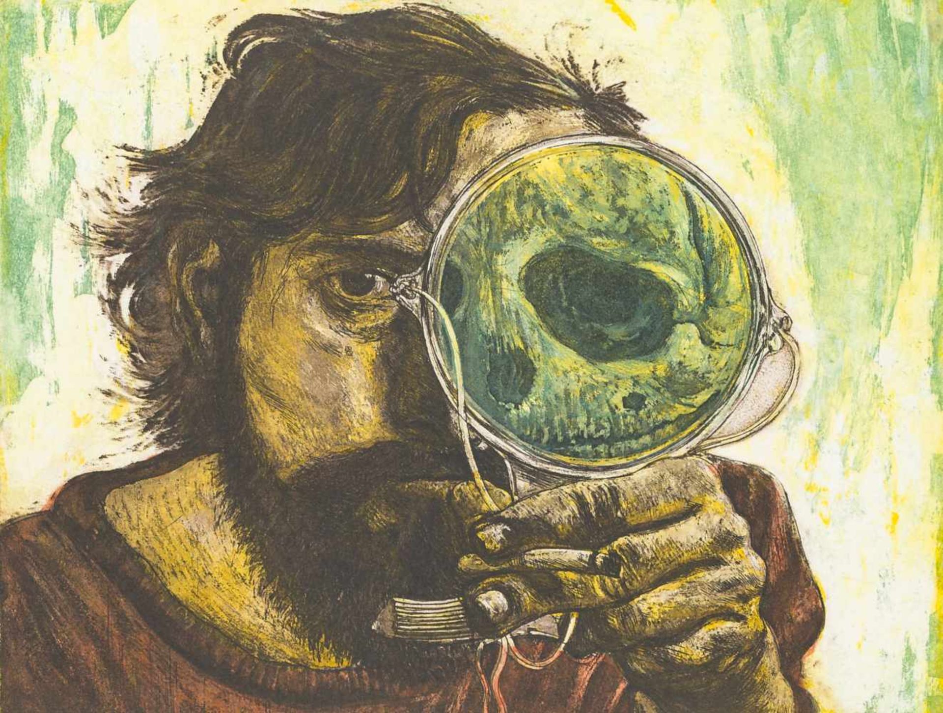 Aigner, FritzSelf portrait with magnifying glass, 1973Color aquatint etching on diverse copper