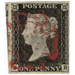 GB - 1840 Penny Black Plate 2 (J-B) Var.f (without ray flaws) four good margins, part of adjacent