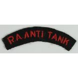Cloth Badge: R.A. Anti Tank WW2 rare embroidered felt shoulder title badge.