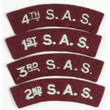 Cloth Badges: 1st S.A.S., - 2nd S.A.S., - 3rd S.A.S., - 4th S.A.S. - WW2 embroidered felt shoulder